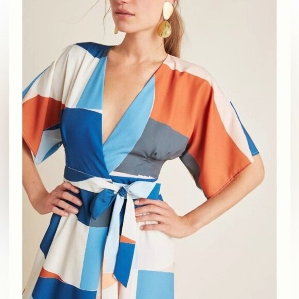 Hutch Anthropologie Geometric Gemma Wrap Maxi Dress X- Small XS Blue Orange - Picture 2 of 4